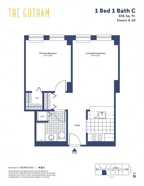 Floor plan for 1 bed, 1 bath, 696 sqft